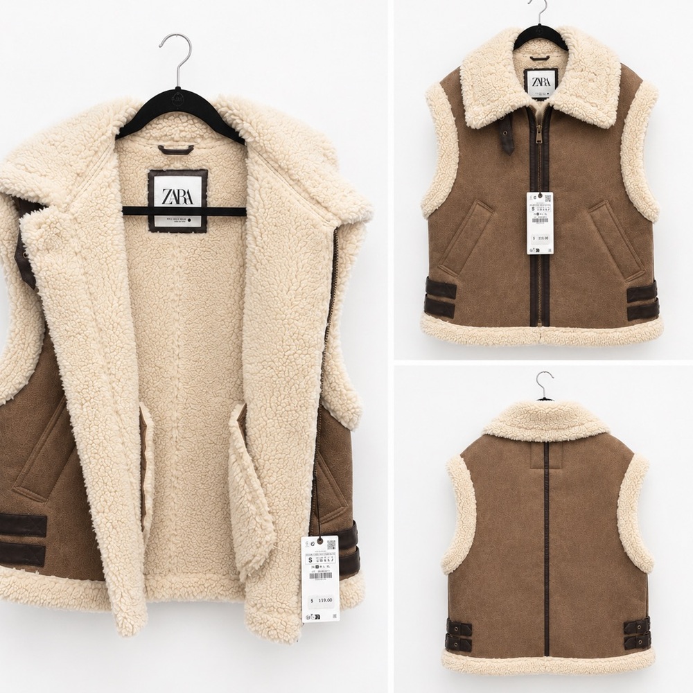 Zara Women's Double Faced Faux Shearling Vest Brown S NWT